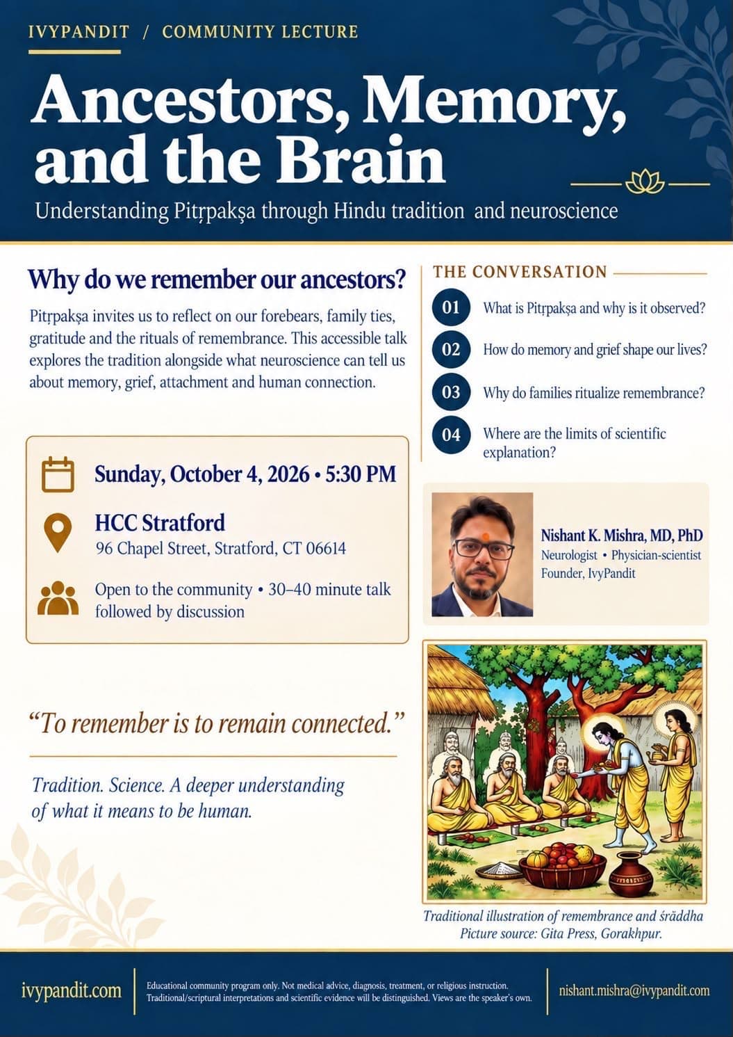 Ancestors, Memory, and the Brain: community lecture by Nishant K. Mishra, MD, PhD, Sunday, October 4, 2026 at 5:30 PM, HCC Stratford, 96 Chapel Street, Stratford, CT. Open to the community; 30–40 minute talk followed by discussion.