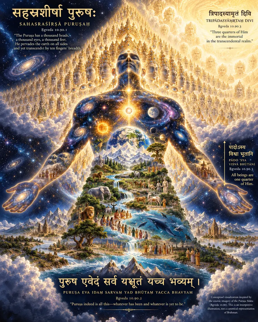 Conceptual cosmic visualization inspired by the Puruṣa Sūkta, with the manifested world held within a luminous Puruṣa